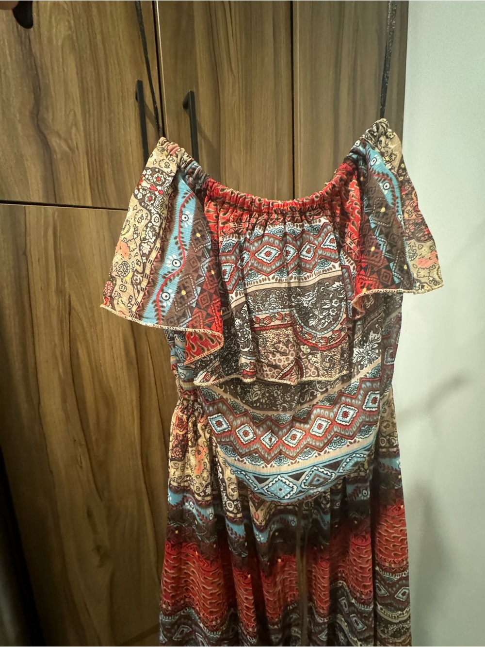 Bohemian Off-Shoulder Maxi Dress in Red, Blue & Brown